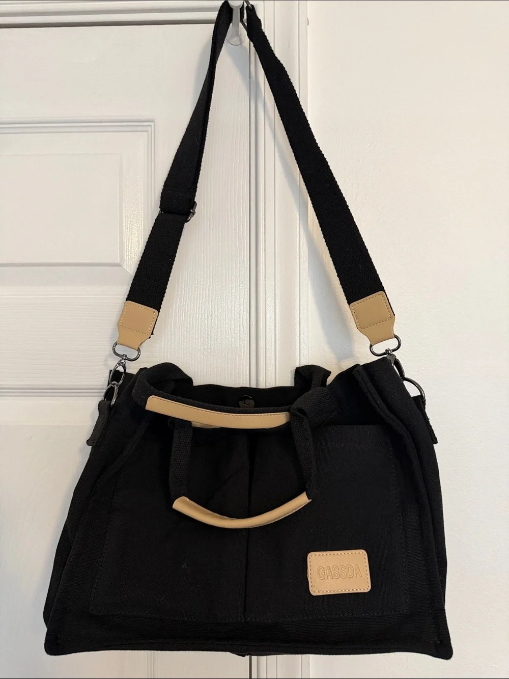 Black Canvas Crossbody Bag with Tan Accents